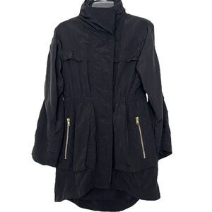 Millard Fillmore Black Trench Coat Nylon Rain Jacket Hidden Hoodie Gold Zip XS